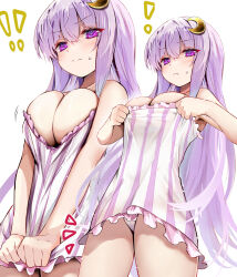 Rule 34 | !, !!, 1girl, blush, breasts, cleavage, closed mouth, crescent, crescent hair ornament, dress, efe, frilled dress, frills, hair between eyes, hair ornament, highres, large breasts, long hair, motion lines, multiple views, panties, pantyshot, patchouli knowledge, purple eyes, purple hair, simple background, striped clothes, striped dress, touhou, underwear, vertical-striped clothes, vertical-striped dress, white background, white dress, white panties