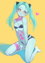Rule 34 | 1girl, absurdres, bare arms, bare legs, bare shoulders, barefoot, bikini, black bikini, blue eyes, blue hair, breasts, colored sclera, commentary, cyberpunk (series), cyberpunk edgerunners, feet, heart, highres, hirotaka0125, kneeling, long hair, looking at viewer, open mouth, rebecca (cyberpunk), red sclera, simple background, small breasts, smile, solo, swimsuit, toes, twintails, yellow background