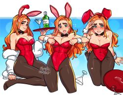 Rule 34 | 1girl, alcohol, animal ears, arm up, bare shoulders, black necktie, blush, blushyspicy, bottle, breasts, cleavage, closed mouth, cocktail, cocktail glass, commentary, cup, detached collar, drinking glass, earrings, embarrassed, english commentary, fake animal ears, fur jacket, green eyes, grey pantyhose, highres, holding, jacket, jewelry, leotard, lips, long hair, looking at viewer, looking down, medium breasts, necktie, off shoulder, open mouth, orange hair, original, pantyhose, playboy bunny, rabbit ears, red (blushy-pixy), shoes, unworn shoes, signature, simple background, sitting, smile, standing, tears, thick eyebrows, torn clothes, torn pantyhose, wrist cuffs