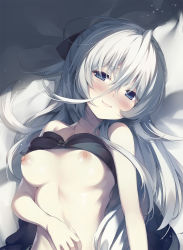 :d ahoge arm_at_side bags_under_eyes bare_shoulders black_bra black_ribbon blue_eyes bra bra_lift breasts breasts_apart closed_mouth cross_hair_ornament grey_hair grey_jacket hair_between_eyes hair_ornament hair_ribbon half-closed_eyes head_tilt highres jacket kaki_shizuku long_hair looking_at_viewer lying medium_breasts navel neko_tsukissu! nipples on_back open_mouth original ribbon senji_(tegone_spike) sidelocks smile solo stomach underwear unworn_jacket