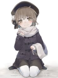 Rule 34 | 1girl, alternate costume, beret, black footwear, black hat, black ribbon, black skirt, blush, brown eyes, brown hair, closed mouth, coat, colored inner hair, commentary request, fang, flower, full body, grey hair, hand up, hat, hat flower, hat ribbon, hatoba tsugu, head tilt, highres, kyomu (kyomu lwl), long sleeves, looking at viewer, making-of available, mole, mole under eye, multicolored hair, pantyhose, purple coat, ribbon, rose, scarf, shoes, short hair, simple background, single hair ring, sitting, skin fang, skirt, smile, solo, tsugu (vtuber), virtual youtuber, wariza, white background, white flower, white pantyhose, white rose, white scarf
