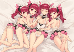 Rule 34 | 4girls, :d, arm hug, back, bare legs, bare shoulders, barefoot, bed sheet, blunt bangs, bonnet, breasts, clone, closed eyes, commentary, foot up, hair ribbon, highres, kemurikusa, lingerie, long hair, looking at viewer, lying, multiple girls, on back, on side, on stomach, open mouth, panties, petite, pink ribbon, red eyes, red hair, ribbon, rina (kemurikusa), sigm@, small breasts, smile, twintails, underwear, white panties