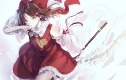 Rule 34 | 1girl, bow, brown eyes, brown hair, detached sleeves, dress, floating hair, frilled bow, frilled dress, frilled hair tubes, frills, hair bow, hair tubes, hakurei reimu, highres, holding, holding staff, large bow, long hair, long sleeves, medium dress, red bow, red dress, red ribbon, ribbon, ribbon-trimmed sleeves, ribbon trim, ruoruomi, sailor collar, sleeveless, sleeveless dress, solo, staff, touhou, white background, white sailor collar, white sleeves, wide sleeves