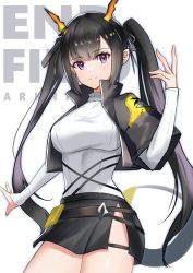 Rule 34 | 1girl, absurdres, arknights, arknights: endfield, belt, black jacket, black skirt, breasts, character request, chen qianyu (arknights), closed mouth, copyright name, cowboy shot, cropped jacket, dragon girl, dragon horns, dragon tail, grey background, hand up, highres, horns, jacket, k@bu, large breasts, long hair, long sleeves, looking at viewer, miniskirt, open clothes, open jacket, prototype design, purple eyes, shirt, short sleeves, sidelocks, skirt, smile, solo, tail, text background, twintails, very long hair, white shirt