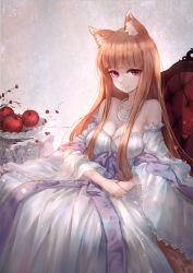 Rule 34 | 1girl, animal ears, apple, brown hair, food, fruit, holo, long hair, one eye closed, open mouth, red eyes, simple background, smile, solo, spice and wolf, wolf ears, xing