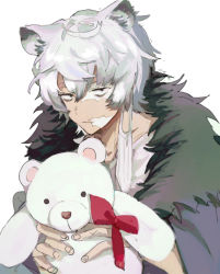 Rule 34 | 1boy, animal ears, arknights, bear boy, bear ears, closed mouth, dal-gi, fur-trimmed jacket, fur trim, highres, holding, holding stuffed toy, jacket, jaye (arknights), male focus, mask, mask around one ear, mouth mask, multicolored hair, shirt, simple background, solo, stuffed animal, stuffed toy, teddy bear, upper body, white background, white hair