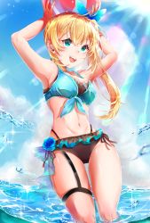 Rule 34 | 1girl, armpits, arms up, ball, bare shoulders, beachball, bikini, black bikini, blonde hair, blue eyes, breasts, cleavage, cloud, cloudy sky, cowboy shot, day, hair ornament, highres, holding, lens flare, long hair, looking away, medium breasts, mirai akari, mirai akari project, navel, open mouth, outdoors, partially submerged, ribbon, round teeth, side-tie bikini bottom, side ponytail, sky, smile, solo, standing, sunlight, swimsuit, teeth, thigh strap, virtual youtuber, wading, water