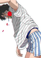 Rule 34 | 1boy, arm up, black hair, boxers, cowboy shot, facial hair, flower, flower in mouth, from side, kaneoya sachiko, leaning forward, looking ahead, male focus, male underwear, midriff peek, mouth hold, mustache, original, parted lips, petals, rose, shirt, short hair, solo, striped clothes, striped shirt, stubble, t-shirt, undershirt, underwear, yoiko yokochou