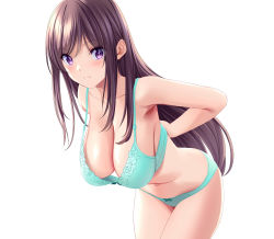 Rule 34 | 1girl, absurdres, aqua bikini, armpits, bare arms, bare shoulders, bikini, blush, bra, breasts, cleavage, closed mouth, collarbone, cowboy shot, frown, hanging breasts, highres, large breasts, leaning forward, long hair, looking at viewer, marui koishi, navel, open bra, original, panties, purple eyes, purple hair, simple background, solo, swimsuit, underwear, undressing, very long hair, white background
