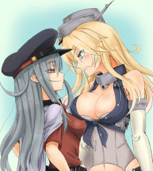 Rule 34 | 2girls, black hat, blonde hair, blue background, blue eyes, breasts, commentary request, confrontation, elbow gloves, eye contact, facial scar, fingerless gloves, flat cap, front-tie top, frown, gangut (kancolle), gloves, grey hair, hat, height difference, highres, iowa (kancolle), jacket, jacket on shoulders, kantai collection, large breasts, long hair, looking at another, military jacket, multiple girls, nyasaku, peaked cap, red eyes, red shirt, remodel (kantai collection), scar, scar on cheek, scar on face, shirt, smile, smug, star-shaped pupils, star (symbol), symbol-shaped pupils, upper body, white gloves, white jacket