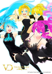 Rule 34 | 1boy, 3girls, absurdly long hair, ahoge, album cover, alternate costume, aqua hair, aqua nails, arched back, ascot, black dress, black legwear, blonde hair, blue eyes, blush, boots, braid, braided bangs, carrying, character name, colored eyelashes, company name, cover, detached sleeves, dress, elbow gloves, eyelashes, fingernails, flower, foreshortening, formal, french braid, frilled dress, frills, gloves, grin, hair blowing, hair flower, hair ornament, hair ribbon, hairband, hand on own chest, hands on another&#039;s hips, hatsune miku, headphones, high ponytail, kagamine len, kagamine rin, laughing, lips, long hair, looking at viewer, looking back, megurine luka, multiple girls, nail polish, open mouth, outstretched hand, pink hair, pink nails, poaro, ponytail, princess carry, print legwear, ribbon, short dress, short hair, siblings, simple background, smile, spread fingers, strapless, strapless dress, suit, texture, thigh boots, thighhighs, very long hair, vocaloid, watermark, web address, white background, wide sleeves, wrist cuffs, yellow nails, zettai ryouiki