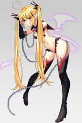 Rule 34 | 1girl, absurdres, black footwear, blonde hair, boots, breasts, chain, commentary, cross, cross hair ornament, demon girl, demon tail, demon wings, detached tail, detached wings, double v, full body, grey background, hair ornament, high heels, highres, inverted cross, leaning forward, long hair, looking at viewer, medium breasts, navel, original, pigeon-toed, pointy ears, red eyes, simple background, smile, solo, standing, tail, thigh boots, thighhighs, v, very long hair, wings, yamanokami eaka