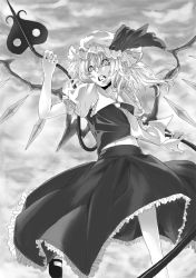 Rule 34 | 1girl, collared shirt, crazy, embodiment of scarlet devil, female focus, flandre scarlet, grey theme, greyscale, hair between eyes, hat, laevatein, michiking, mob cap, monochrome, outdoors, shirt, sky, socks, solo, touhou, wings