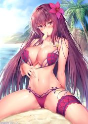 Rule 34 | 1girl, artist name, ass, beach, bikini, bikini pull, blush, breasts, clothes pull, collarbone, day, fate/grand order, fate (series), flower, food, food in mouth, hair flower, hair intakes, hair ornament, highres, large breasts, long hair, looking at viewer, navel, obiwan, ocean, outdoors, palm tree, popsicle, purple bikini, purple eyes, purple hair, sand, scathach (fate), scathach (fate/grand order), scathach (swimsuit assassin) (fate), sitting, skindentation, sky, solo, spread legs, swimsuit, thigh strap, tree, twitter username, water