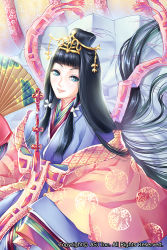 Rule 34 | 1girl, black hair, blue eyes, blunt bangs, company name, copyright request, folding fan, hair ornament, hand fan, isomine, japanese clothes, karaginu mo, kimono, layered clothes, layered kimono, long hair, looking at viewer, official art, paper fan, princess, sidelocks, smile, solo, very long hair