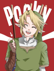 Rule 34 | 1boy, arrow (projectile), blonde hair, closed eyes, copyright name, earrings, food, hat, jewelry, link, male focus, nintendo, pocky, pointy ears, product placement, simple background, smile, solo, the legend of zelda, wasabi (legemd)