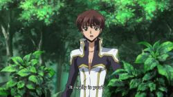 Rule 34 | 1boy, 1girl, animated, anime screenshot, ass, back, backboob, blue eyes, bodysuit, bouncing breasts, breasts, brown eyes, brown hair, closed eyes, code geass, collarbone, completely nude, feet, hand on another&#039;s shoulder, highres, kouzuki kallen, kururugi suzaku, large breasts, nipples, nude, open mouth, outdoors, pinned, red hair, running, short hair, sideboob, sound, subtitled, thighs, video, water, wet