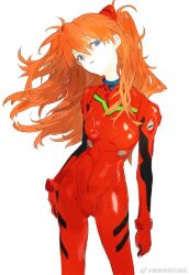 Rule 34 | 1girl, black sleeves, blue eyes, bow, chinese commentary, commentary request, cowboy shot, eyelashes, formal, gloves, hair bow, hand on own hip, head tilt, highres, leiting pili niuniu, long hair, looking at viewer, neon genesis evangelion, orange hair, parted lips, pilot suit, plugsuit, red bow, red gloves, red sleeves, red suit, red wrist cuffs, simple background, solo, souryuu asuka langley, suit, two-tone sleeves, two side up, watermark, weibo logo, weibo watermark, white background, wrist cuffs