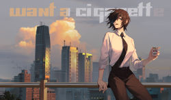 Rule 34 | 1girl, against railing, belt, bird, black belt, black hair, black necktie, black pants, black plume, blue eyes, breasts, building, chainsaw man, chinese commentary, cigarette, cigarette pack, city, cityscape, cloud, cloudy sky, collared shirt, cowboy shot, day, dress shirt, english text, eyepatch, grey sky, hair between eyes, highres, himeno (chainsaw man), holding, holding cigarette pack, looking at viewer, marlboro, medium breasts, mouth hold, necktie, one eye covered, open mouth, outdoors, pants, railing, shirt, shirt tucked in, short hair, sky, skyscraper, smile, smoke, smoking, solo, teeth, white shirt, wind, wing collar