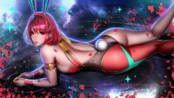 Rule 34 | 1girl, animal ears, ass, blush, breasts, cleavage, detached collar, fake animal ears, gloves, highres, jewelry, leotard, liang xing, looking at viewer, pantyhose, playboy bunny, pyra (xenoblade), rabbit ears, rabbit tail, red eyes, red hair, short hair, simple background, smile, solo, swept bangs, tail, tiara, wrist cuffs, xenoblade chronicles (series), xenoblade chronicles 2