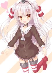 Rule 34 | 1girl, absurdres, amatsukaze (kancolle), black hairband, black neckwear, breasts, brown dress, brown eyes, choker, collarbone, commentary request, dress, fang, garter straps, hair between eyes, hair tubes, hairband, hakuto momiji, hat, head tilt, heart, highres, kantai collection, lifebuoy, long hair, long sleeves, looking at viewer, mini hat, open mouth, red footwear, red thighhighs, sailor dress, see-through, shoes, short dress, sidelocks, silver hair, small breasts, smokestack, solo, standing, standing on one leg, star (symbol), star in eye, striped clothes, striped thighhighs, swim ring, symbol in eye, thighhighs, thighs, two side up, very long hair