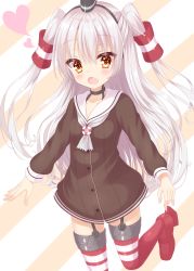 1girl absurdres amatsukaze_(kancolle) black_hairband black_neckwear breasts brown_dress brown_eyes choker collarbone commentary_request dress fang female_focus garter_straps hair_between_eyes hair_tubes hairband hakuto_momiji hat head_tilt heart highres kantai_collection lifebuoy long_hair long_sleeves looking_at_viewer mini_hat open_mouth red_footwear red_thighhighs sailor_dress see-through_clothes shoes short_dress sidelocks silver_hair small_breasts smokestack solo standing standing_on_one_leg star_(symbol) star_in_eye striped_clothes striped_thighhighs swim_ring symbol_in_eye thighhighs thighs two_side_up very_long_hair