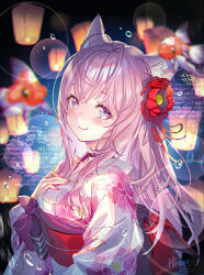 Rule 34 | 1girl, animal ear fluff, animal ears, blush, closed mouth, hakui koyori, hand on own chest, hikosan, hololive, japanese clothes, kimono, lantern, long hair, long sleeves, looking at viewer, night, outdoors, pink hair, purple eyes, smile, solo, virtual youtuber, wolf ears, wolf girl