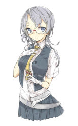 Rule 34 | 10s, 1girl, asymmetrical hair, bad id, bad pixiv id, bespectacled, blush, collared shirt, glasses, gloves, grey-framed glasses, grey eyes, grey skirt, hand on own chest, highres, kantai collection, looking at viewer, necktie, no legs, nowaki (kancolle), open clothes, open vest, pleated skirt, semi-rimless eyewear, shirt, silver hair, simple background, sketch, skirt, solo, tie clip, tomo futoshi, under-rim eyewear, untucked shirt, upper body, vest, white background, white gloves, yellow necktie