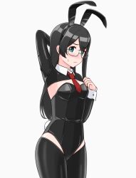Rule 34 | 1girl, alternate costume, animal ears, arm up, black leotard, blush, breasts, closed mouth, cow, detached collar, fake animal ears, fake tail, geometrie, kantai collection, leotard, long sleeves, ooyodo (kancolle), semi-rimless eyewear, simple background, small breasts, solo, strapless, tail, white background, wrist cuffs