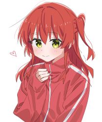 Rule 34 | 1girl, bocchi the rock!, closed mouth, green eyes, hair between eyes, hand up, heart, highres, jacket, kita ikuyo, light blush, looking at viewer, medium hair, one side up, red hair, red jacket, simple background, sleeves past wrists, smile, solo, to9 722, track jacket, upper body, white background