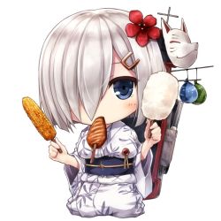 Rule 34 | 10s, 1girl, alternate costume, blue eyes, breasts, commentary request, corn, corn cob, cotton candy, floral print, flower, food, fox mask, grilled corn, hair flower, hair ornament, hair over one eye, hairclip, hamakaze (kancolle), ikayaki, japanese clothes, kantai collection, kimono, looking at viewer, mask, mouth hold, obi, sash, seiza, short hair, silver hair, simple background, sitting, solo, squid, suien, white background, yukata