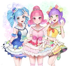 Rule 34 | 3girls, :d, bad id, bad pixiv id, blue dress, blue eyes, blue hair, blunt bangs, bow, bowtie, bracelet, closed mouth, curly hair, detached sleeves, dress, drill hair, flower, frilled skirt, frills, gloves, green eyes, green footwear, hair bow, hand up, hat, highres, jewelry, looking at viewer, midriff, mini hat, multiple girls, ohisashiburi, open mouth, original, over-kneehighs, pink bow, pink eyes, pink hair, purple hair, red bow, red neckwear, sailor collar, school uniform, serafuku, shirt, shoes, short hair, short sleeves, skirt, skirt hold, smile, socks, standing, standing on one leg, thighhighs, tiara, twin drills, v, w, white flower, white gloves, white legwear, yellow bow, yellow shirt, yellow skirt