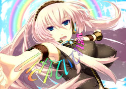Rule 34 | 1girl, armband, blue eyes, bouncing breasts, breasts, double lariat (vocaloid), covered erect nipples, giuniu, headband, headphones, impossible clothes, impossible shirt, large breasts, long hair, megurine luka, music, peach-tea, pink hair, rainbow, shirt, singing, solo, vocaloid
