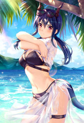 Rule 34 | 1girl, arknights, bikini, black bikini, blue hair, blue sky, blush, breasts, ch&#039;en (arknights), ch'en (arknights), chinese commentary, cleavage, commentary request, cowboy shot, day, dragon horns, dragon tail, eyewear on head, female tourist c (arknights), groin, hair between eyes, horns, long hair, looking at viewer, medium breasts, navel, official alternate costume, partial commentary, red eyes, ryuu32, sarong, shirt, sidelocks, sky, solo, standing, stomach, sunglasses, swimsuit, tail, thigh strap, thighs, v-shaped eyebrows, wet, wet clothes, wet shirt, white shirt