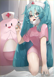 Rule 34 | 1girl, absurdres, aqua eyes, aqua hair, aqua nails, bare arms, bare legs, bed, bed sheet, blurry, blurry foreground, breasts, chansey, chromatic aberration, come hither, commentary request, creatures (company), crossover, dress, egg, eighth note, game freak, gen 1 pokemon, hair between eyes, hat, hatsune miku, heart, heart-shaped pupils, highres, holding, holding syringe, indoors, long hair, looking at viewer, mask, mask pull, matching hair/eyes, medium breasts, mouth mask, musical note, nail polish, nintendo, nurse, nurse cap, pink dress, pokemon, pokemon (creature), reirou (chokoonnpu), short sleeves, symbol-shaped pupils, syringe, tareme, thighs, twintails, very long hair, vocaloid, yandere