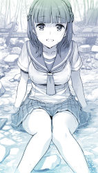 Rule 34 | 1girl, android girl (itou), arm support, blunt bangs, braid, breasts, collarbone, crown braid, feet out of frame, greyscale, grin, highres, itou (onsoku tassha), knees together feet apart, light blush, looking at viewer, medium breasts, monochrome, original, outdoors, partially submerged, pleated skirt, rock, school uniform, serafuku, sitting, skirt, smile, solo, stream, tree, unfinished, sketch background, water, wet, wet clothes
