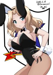 Rule 34 | 10s, 1girl, absurdres, adjusting clothes, adjusting leotard, animal ears, armlet, black bow, black bowtie, black leotard, black pantyhose, blue eyes, bow, bowtie, breasts, cleavage, closed mouth, collar, commentary, cowboy shot, dated, detached collar, emblem, fake animal ears, fake tail, fishnet pantyhose, fishnets, from side, girls und panzer, hair intakes, hand on own hip, highres, kay (girls und panzer), large breasts, leaning forward, leotard, light frown, long hair, looking at viewer, one-hour drawing challenge, pantyhose, playboy bunny, rabbit ears, rabbit tail, saunders (emblem), shiina excel, side-tie leotard, solo, standing, strapless, strapless leotard, tail, twitter username, watermark, white collar, wing collar