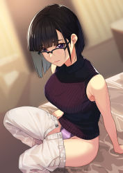 Rule 34 | 1girl, absurdres, arm support, artist name, bare shoulders, black hair, breasts, commentary, curtains, from above, highres, indoors, kagematsuri, large breasts, looking at viewer, medium hair, original, panties, pants, purple hair, ribbed sweater, semi-rimless eyewear, sitting, solo, sweater, turtleneck, underwear, undressing, white pants