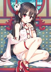 Rule 34 | 1girl, :o, absurdres, ankle strap, black hair, china dress, chinese clothes, clothes lift, cura, double bun, dress, hachiroku (maitetsu), highres, long hair, looking at viewer, maitetsu, official art, panties, pantyshot, red eyes, red footwear, side-tie panties, sitting, skirt, skirt lift, sleeveless, sleeveless dress, solo, thigh strap, underwear, white dress, white panties, wrist cuffs