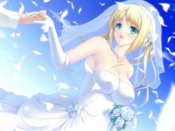 Rule 34 | blonde hair, bride, cloud, dress, flower, happy, jewelry, kowareru kokoro, nakano sora, necklace, sky, sunami ayana, wedding, wedding dress