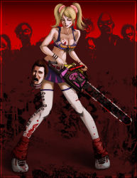 Rule 34 | 1boy, 1girl, absurdres, artist request, belt, blonde hair, blood, breasts, brown hair, candy, chainsaw, cheerleader, cleavage, clothes writing, couple, crop top, d:, food, frown, grasshopper manufacture, highres, juliet starling, leg warmers, lollipop, lollipop chainsaw, long hair, midriff, miniskirt, mouth hold, necktie, nick carlyle, open mouth, red theme, scared, scrunchie, severed head, shoes, short hair, skirt, sneakers, thighhighs, twintails, watch, white thighhighs, wristband, wristwatch, zombie