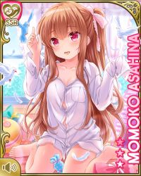 Rule 34 | 1girl, arms up, asahina momoko, barefoot, bed, bird, brown hair, candy, card (medium), character name, curtains, dress shirt, eating, feathers, food, girlfriend (kari), long hair, mouth hold, no pants, official art, open mouth, pillow, qp:flapper, red eyes, ribbon, shirt, side ponytail, sitting, sleeves past wrists, smile, unbuttoned, white shirt, window