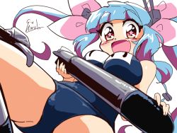 Rule 34 | 1990s (style), 1girl, blue hair, choroli (chorolin), commentary request, hair ribbon, i-19 (kancolle), kantai collection, light blue hair, long hair, looking at viewer, name tag, one-piece swimsuit, parody, red eyes, retro artstyle, ribbon, school swimsuit, signature, simple background, solo, star-shaped pupils, star (symbol), style parody, swimsuit, symbol-shaped pupils, torpedo, tri tails, twintails, white background