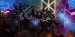 Rule 34 | absurdres, axe, bank of china tower, battle axe, bone, bone axe, building, burning axe, christian willett, city, claws, crossover, flaming weapon, glowing, glowing axe, glowing weapon, godzilla, godzilla (monsterverse), godzilla (series), godzilla vs. kong, gorilla, highres, kaijuu, king kong, king kong&#039;s battle axe, king kong (series), kong (monsterverse), legendary pictures, monsterverse, no humans, open mouth, real world location, scales, sharp teeth, teeth, toho, weapon