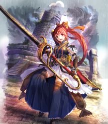 Rule 34 | 1girl, armor, bow, building, cloud, cloudy sky, elbow gloves, gloves, hair bow, hair ornament, hair ribbon, highres, holding, holding sword, holding weapon, monster hunter (series), monster hunter mezeporta kaitaku-ki, open mouth, ponytail, red eyes, red hair, ribbon, sheath, sky, solo, sword, thighhighs, tower, weapon