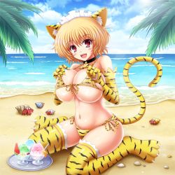 Rule 34 | 1girl, :d, animal ears, animal hands, animal print, beach, bell, bikini, blonde hair, blush, blush stickers, breasts, cat ears, cat tail, collar, commentary request, day, food, front-tie bikini top, front-tie top, fruit, headdress, hermit crab, highres, huge breasts, kurowana, navel, neck bell, ocean, open mouth, original, palm tree, red hair, shaved ice, short hair, side-tie bikini bottom, sitting, smile, solo, strap gap, swimsuit, tail, thighhighs, tiger ears, tiger paws, tiger print, tiger tail, tree, underboob, watermelon, yokozuwari