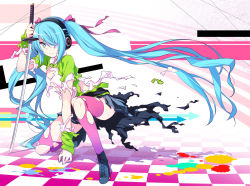Rule 34 | 1girl, 47agdragon, absurdly long hair, blue hair, checkered floor, eyepatch, full body, hair ribbon, hatsune miku, headset, katana, long hair, looking at viewer, pink thighhighs, ribbon, shirt, skirt, smile, solo, sword, thighhighs, tile floor, tiles, torn clothes, torn shirt, torn skirt, torn sleeves, torn thighhighs, twintails, very long hair, vocaloid, weapon, wind, zettai ryouiki