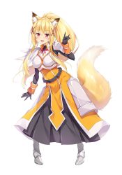 Rule 34 | akizora momiji, animal ears, armor, armored dress, blonde hair, breasts, darkness (konosuba), dress, fox ears, fox girl, fox tail, gloves, hair ornament, highres, kono subarashii sekai ni shukufuku wo!, long dress, long hair, looking at viewer, open mouth, ponytail, simple background, solo, tail, white background, x hair ornament