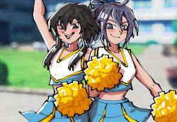 Rule 34 | 2girls, :d, black hair, blush, cheerleader, commission, commissioner upload, fir (fire emblem), fire emblem, fire emblem: genealogy of the holy war, fire emblem: the binding blade, fire emblem heroes, larcei (fire emblem), long hair, looking at viewer, mnejing30, multiple girls, nintendo, open mouth, pom pom (cheerleading), ponytail, purple hair, simple background, smile