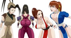 Rule 34 | 4girls, animated, animated gif, antenna hair, armor, bare shoulders, black hair, bodysuit, bouncing breasts, breasts, brown eyes, brown hair, capcom, cleavage, closed eyes, clothed sex, collarbone, crossover, dead or alive, fatal fury, female focus, high ponytail, hip focus, huge breasts, ibuki (street fighter), japanese clothes, kasumi (doa), legs, long hair, matching hair/eyes, multiple girls, namco, necrolust, ninja, ponytail, sex, shiny skin, shiranui mai, shoulder pads, simple background, skin tight, smile, snk, soul calibur, spandex, street fighter, taki (soulcalibur), tecmo, the king of fighters, trait connection, wide hips